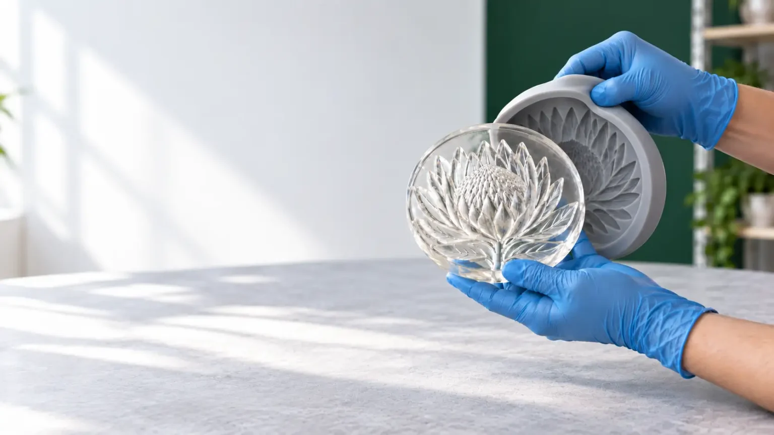 Gloved hands lifting a clear cast protea out of its silicone mould