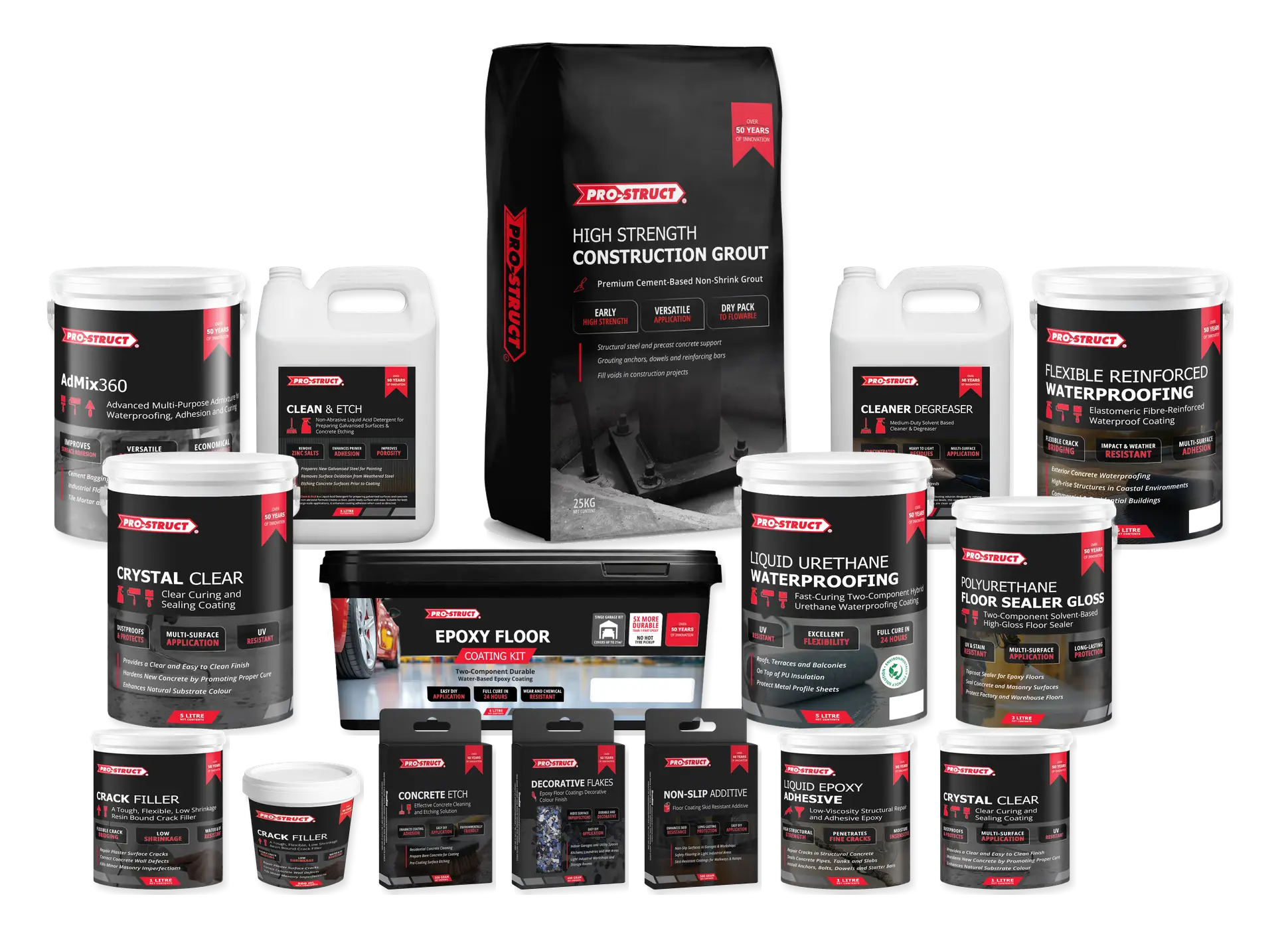 The full Pro-Struct range: 16 packs including construction grout, concrete repair, waterproofing, flooring and surface preparation products.